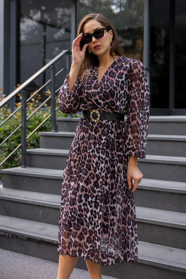Leopar Desen Pliseli Elbise - KAHVERENGİ