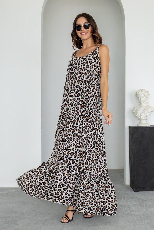 Leopar Desenli Uzun Elbise - KAHVERENGİ