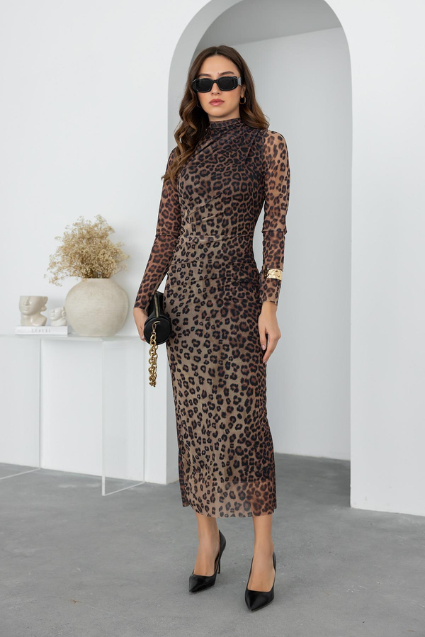 Leopar Tül Elbise - KAHVERENGİ
