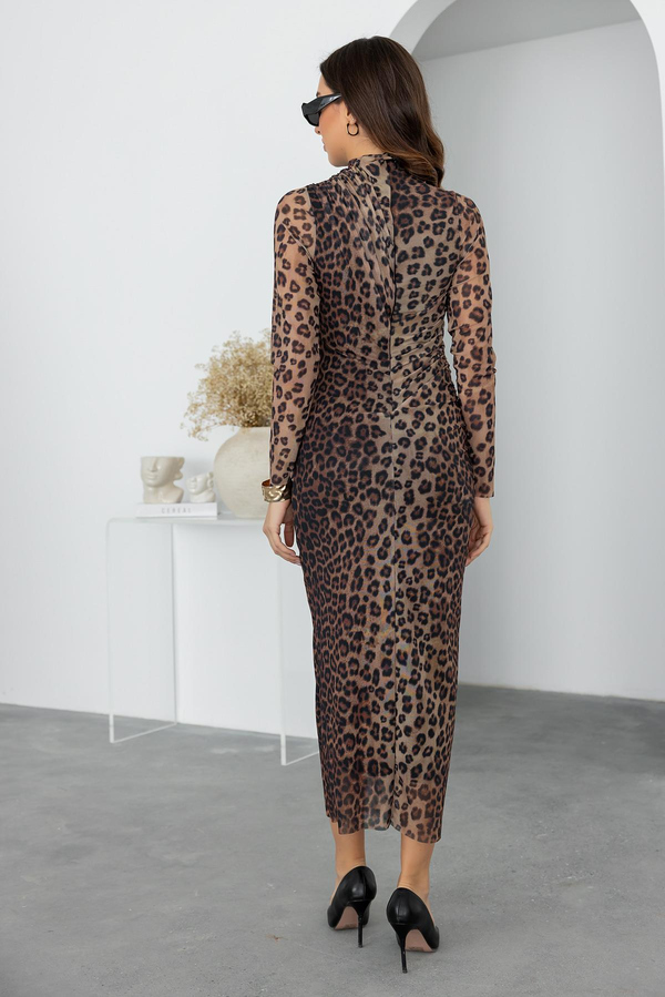 Leopar Tül Elbise - KAHVERENGİ