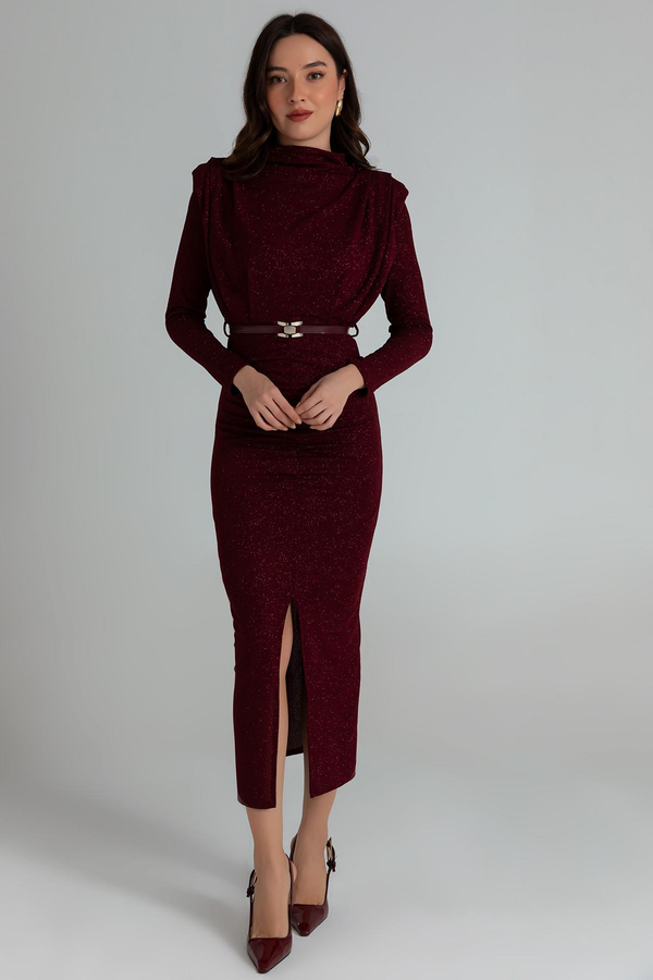 Simli Uzun Gece Elbisesi - BORDO