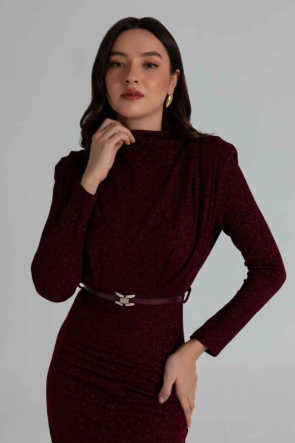 Simli Uzun Gece Elbisesi - BORDO