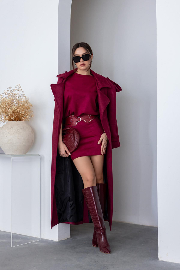 Süet Mini Elbise - BORDO