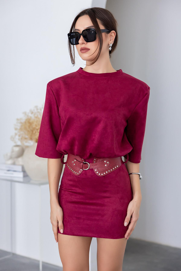Süet Mini Elbise - BORDO