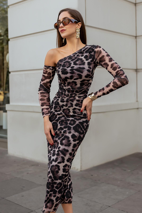 Tek Omuz Leopar Elbise - SİYAH