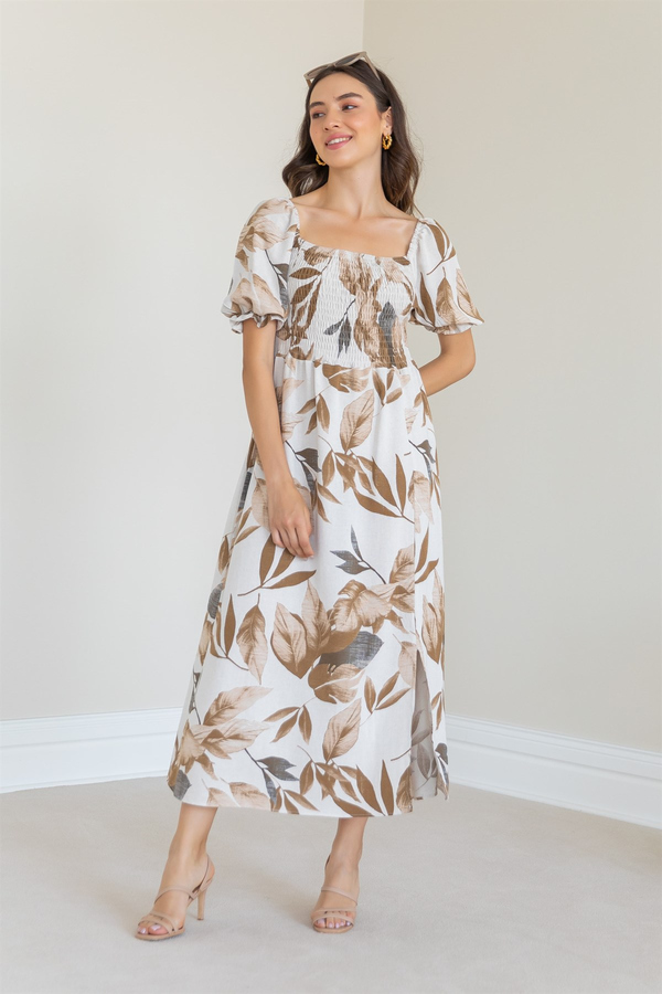 Yaprak Desen Gipeli Elbise - BEJ