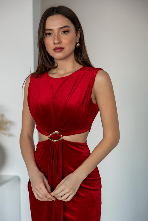 Bel Tokalı Kadife Elbise - BORDO