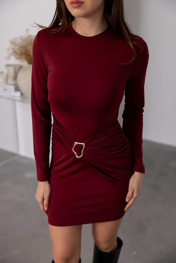 Bel Tokalı Mini Elbise - BORDO
