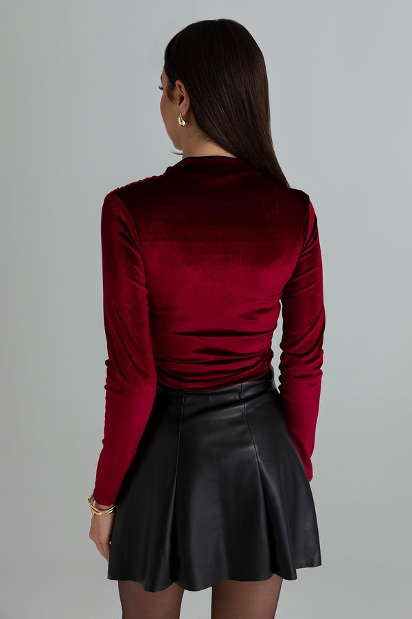 Büzgülü Kadife Crop Bluz - BORDO