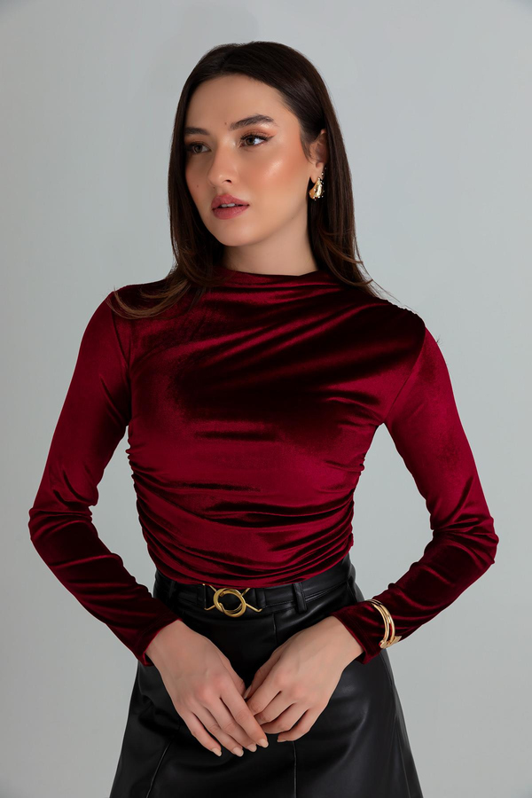 Büzgülü Kadife Crop Bluz - BORDO