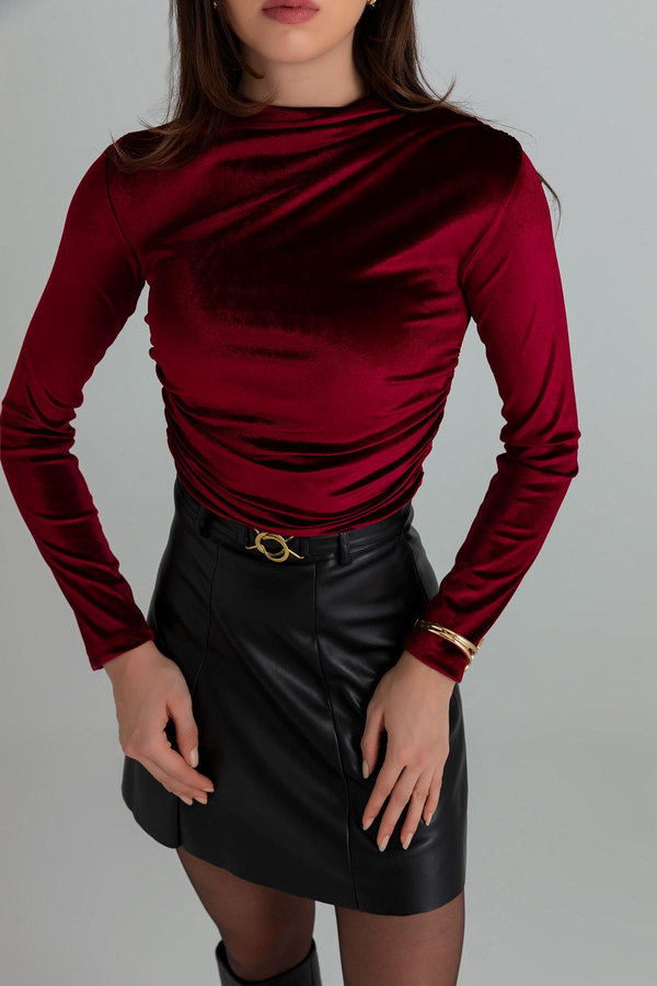 Büzgülü Kadife Crop Bluz - BORDO