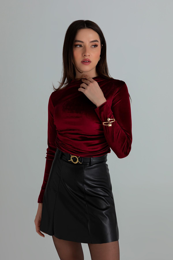 Büzgülü Kadife Crop Bluz - BORDO