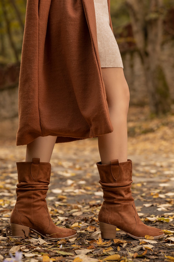 Büzgülü Western Süet Çizme - TABA
