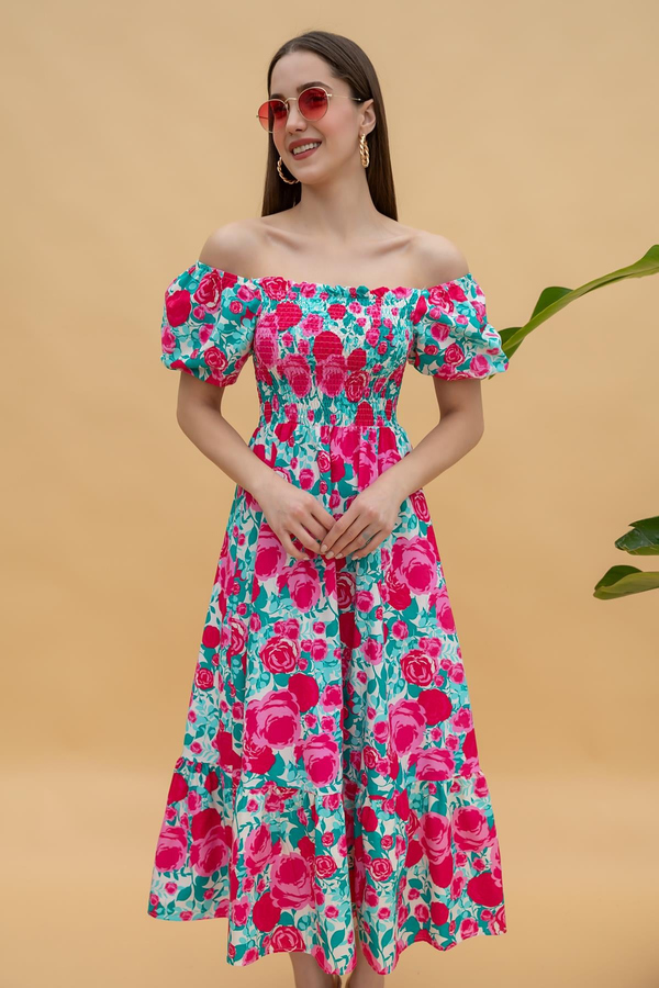Çiçek Desenli Midi Elbise - FUŞYA