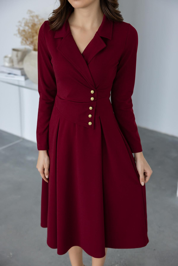 Düğme Detaylı Yakalı Elbise - BORDO