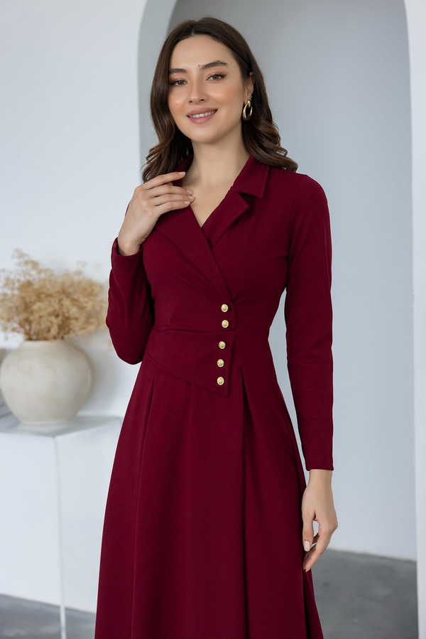 Düğme Detaylı Yakalı Elbise - BORDO