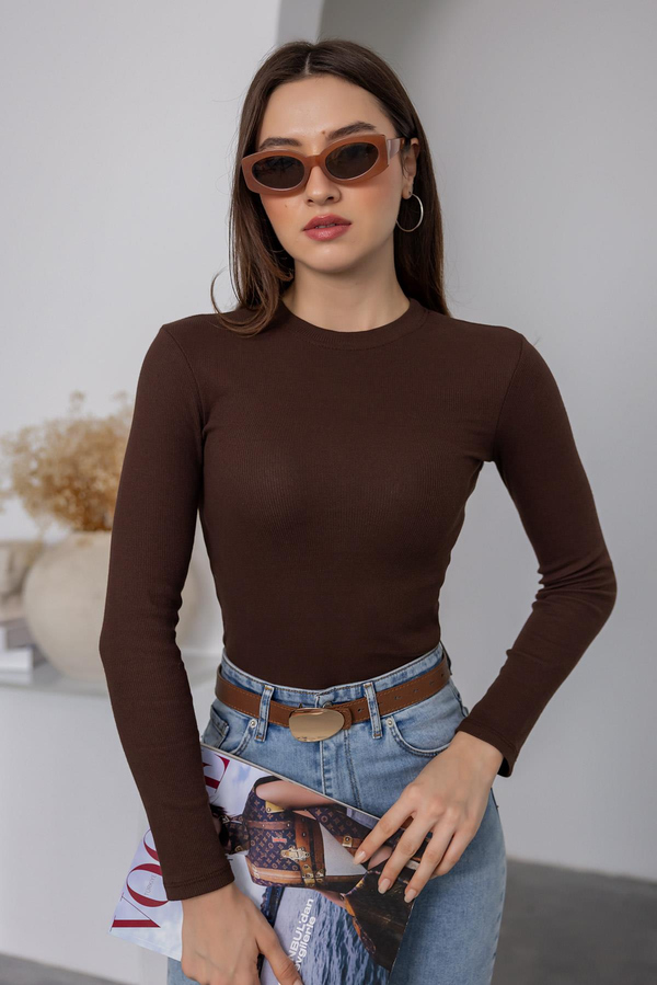 Fitilli Basic Bluz - KAHVERENGİ
