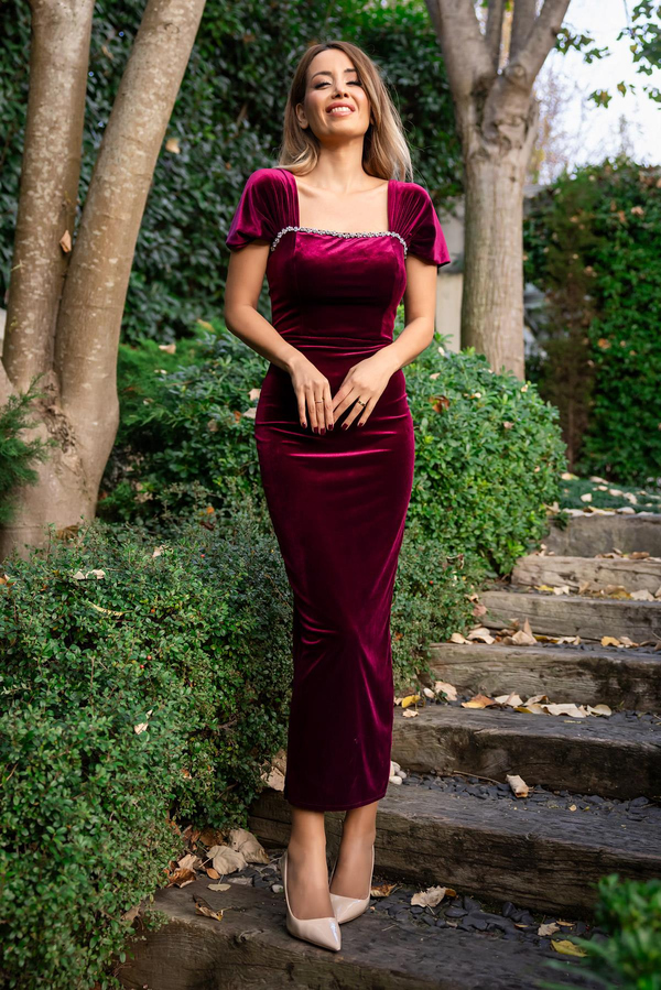 Göğüs Taşlı Kadife Abiye - MÜRDÜM