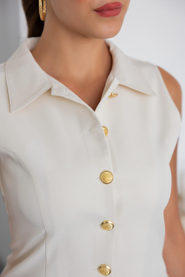 Gold Düğmeli Mini Elbise - KREM
