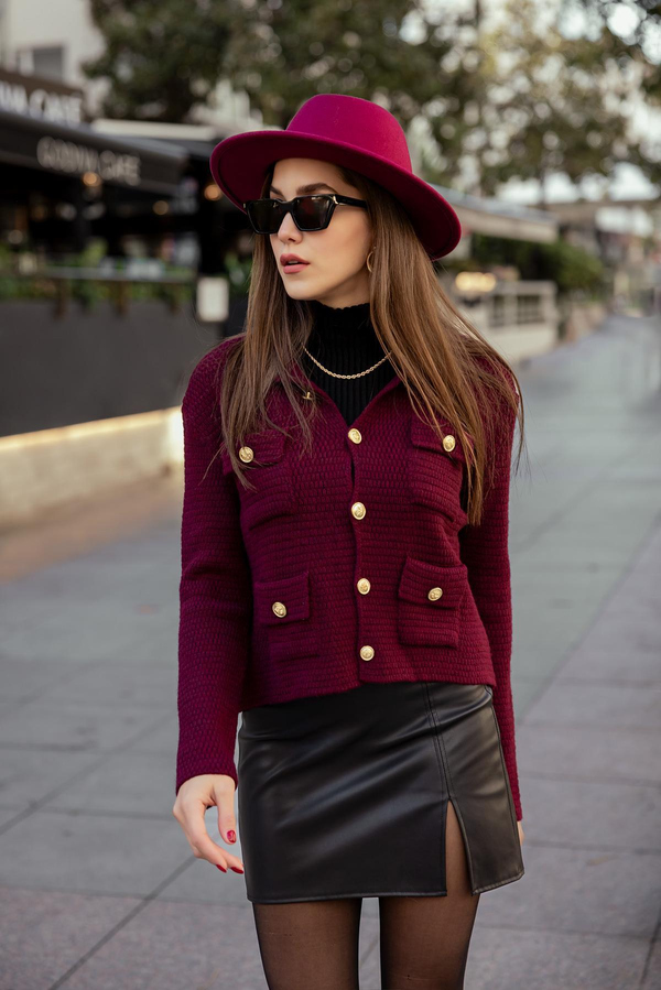 Gold Düğmeli Triko Hırka - BORDO