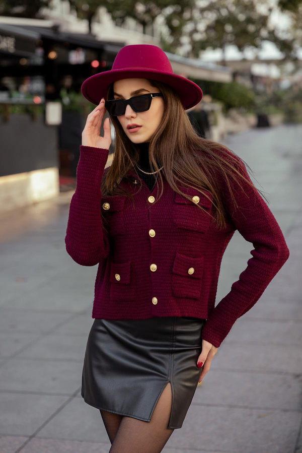 Gold Düğmeli Triko Hırka - BORDO