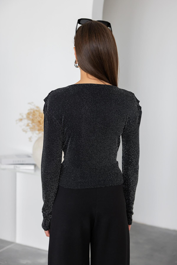 Işıltılı Crop Bluz - SİYAH