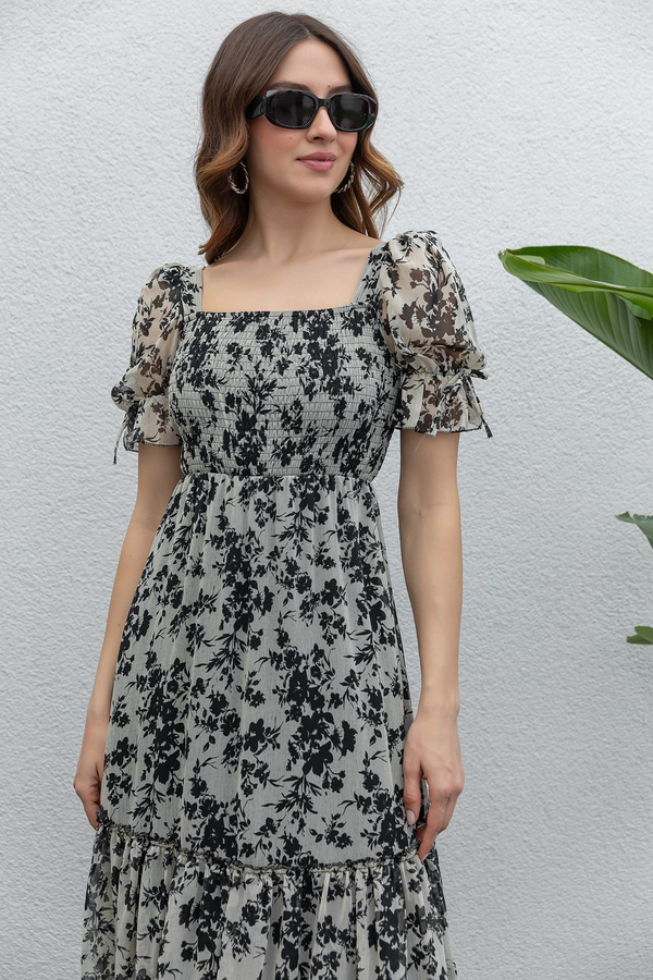 Kare Yaka Gipeli Elbise - GRİ