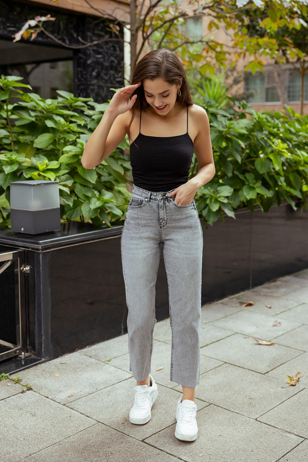 Kesik Paçalı Denim Pantolon - GRİ