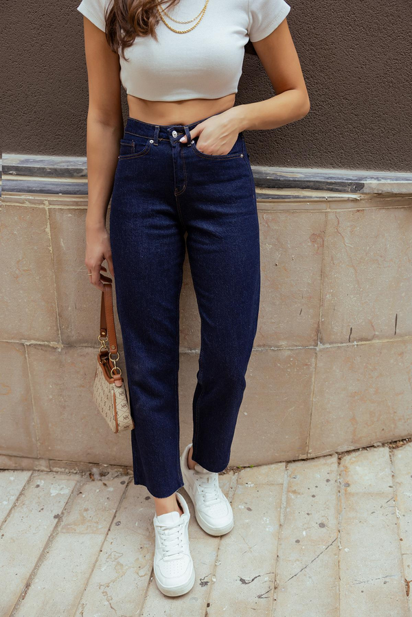 Kesik Paçalı Denim Pantolon - LACİVERT