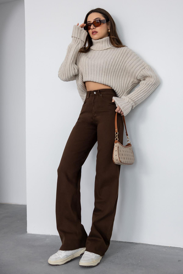 Kesik Paçalı Wide Leg Jean - KAHVERENGİ