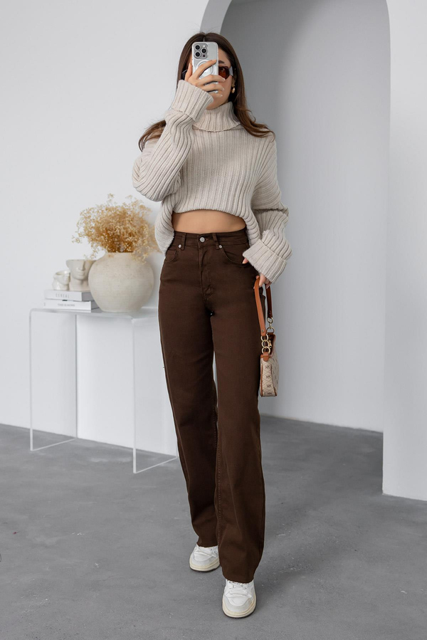 Kesik Paçalı Wide Leg Jean - KAHVERENGİ
