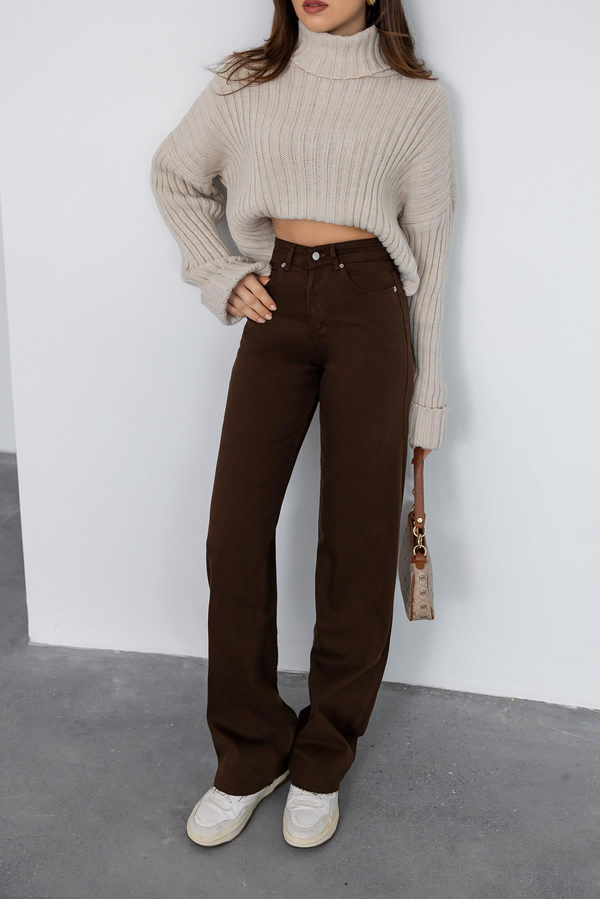 Kesik Paçalı Wide Leg Jean - KAHVERENGİ