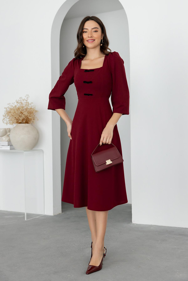 Kurdele Detay Midi Elbise - BORDO