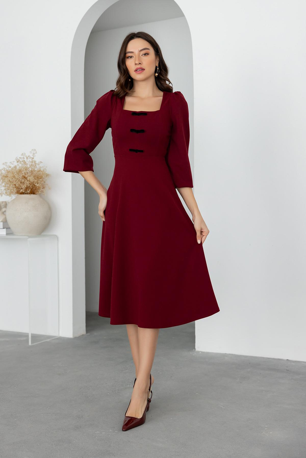 Kurdele Detay Midi Elbise - BORDO