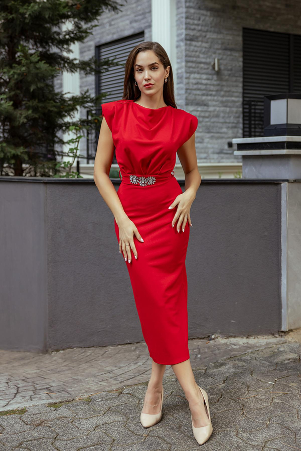 Kuşak Detaylı Elbise - KIRMIZI