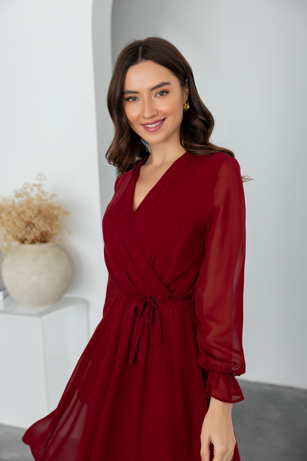 Kuşaklı Şifon Elbise - BORDO