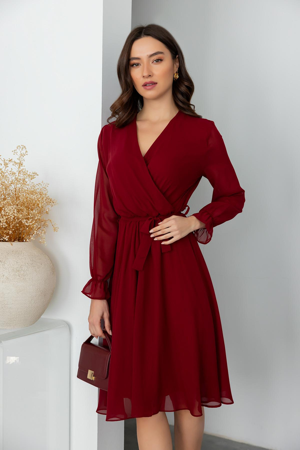 Kuşaklı Şifon Elbise - BORDO