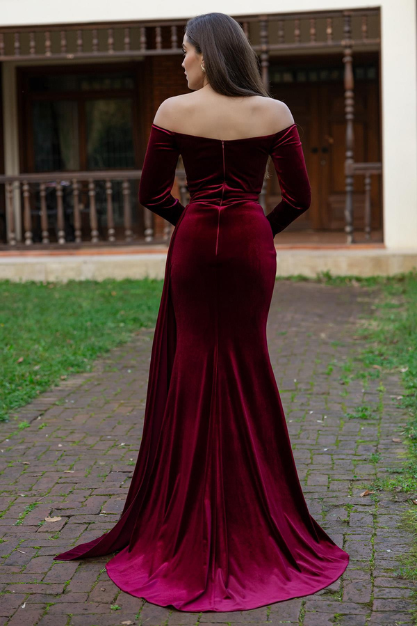 Kuyruklu Kadife Abiye - BORDO