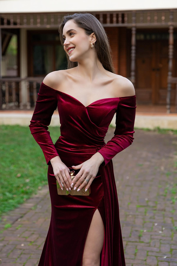 Kuyruklu Kadife Abiye - BORDO