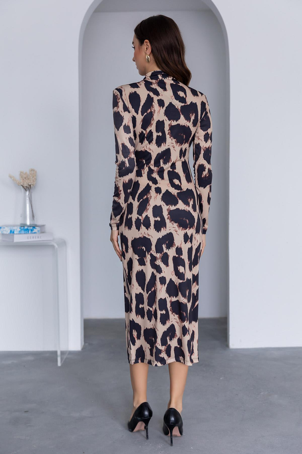 Leopar Desen Maxi Elbise - BEJ
