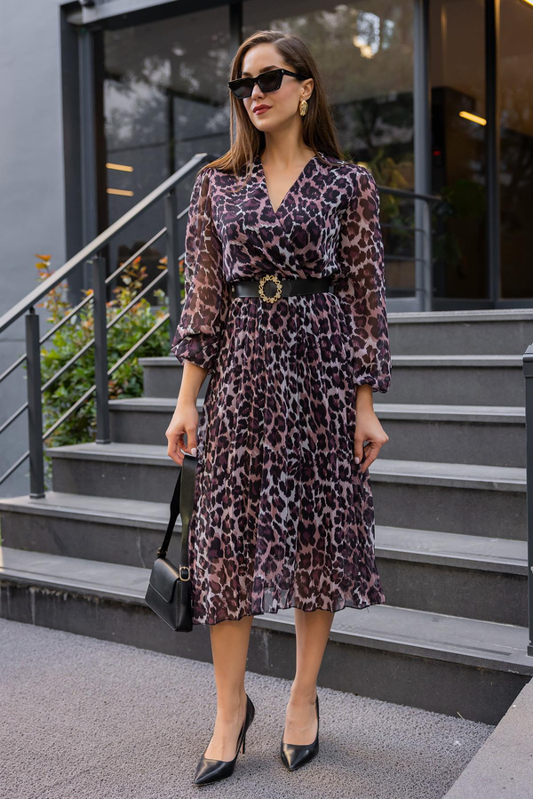 Leopar Desen Pliseli Elbise - KAHVERENGİ