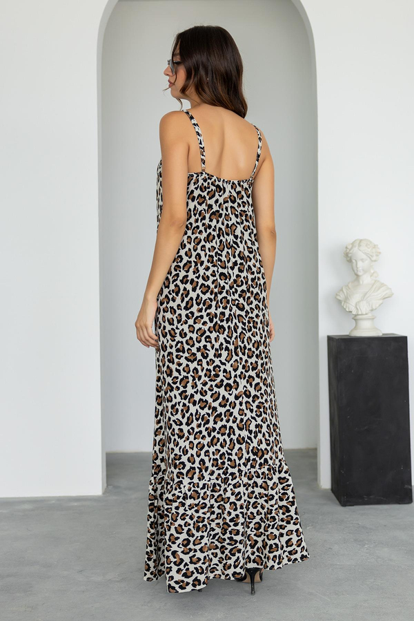 Leopar Desenli Uzun Elbise - KAHVERENGİ