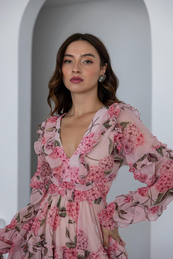 Şifon Tasarım Elbise - PEMBE