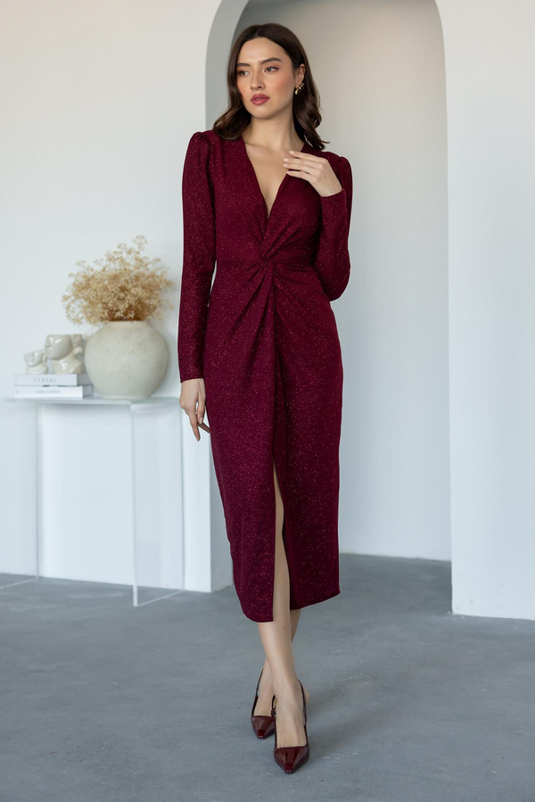 Simli Midi Gece Elbisesi - BORDO