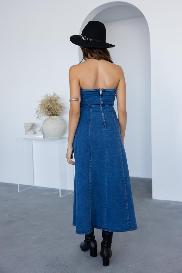Straplez Denim Elbise - MAVİ