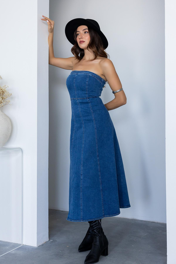 Straplez Denim Elbise - MAVİ