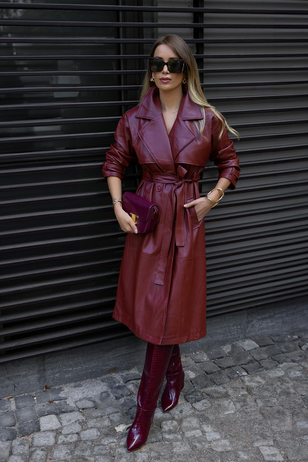 Suni Deri Kuşaklı Trençkot - BORDO