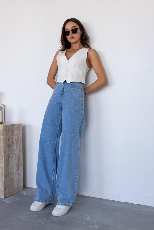 Taşlı Denim Pantolon - MAVİ