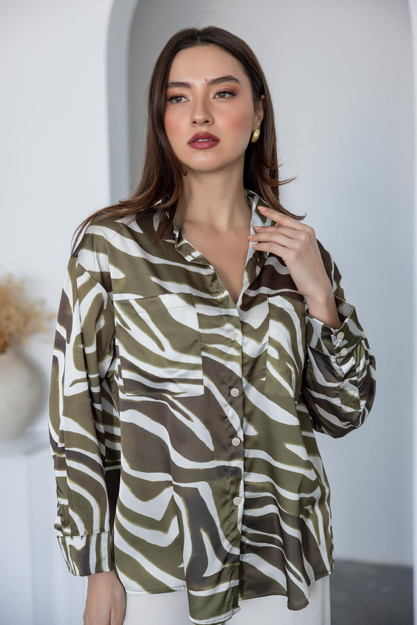 Zebra Desenli Saten Gömlek - YAĞ YEŞİLİ