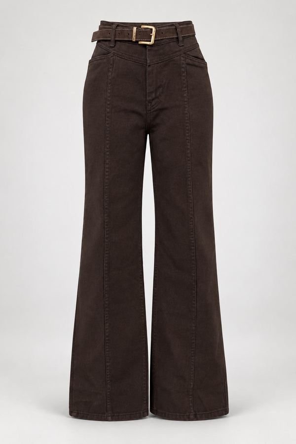 Asimetrik Dikiş Kemerli Denim Pantolon - KAHVERENGİ